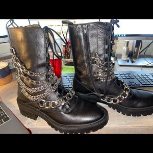 Motorcycle style boots with silver chains